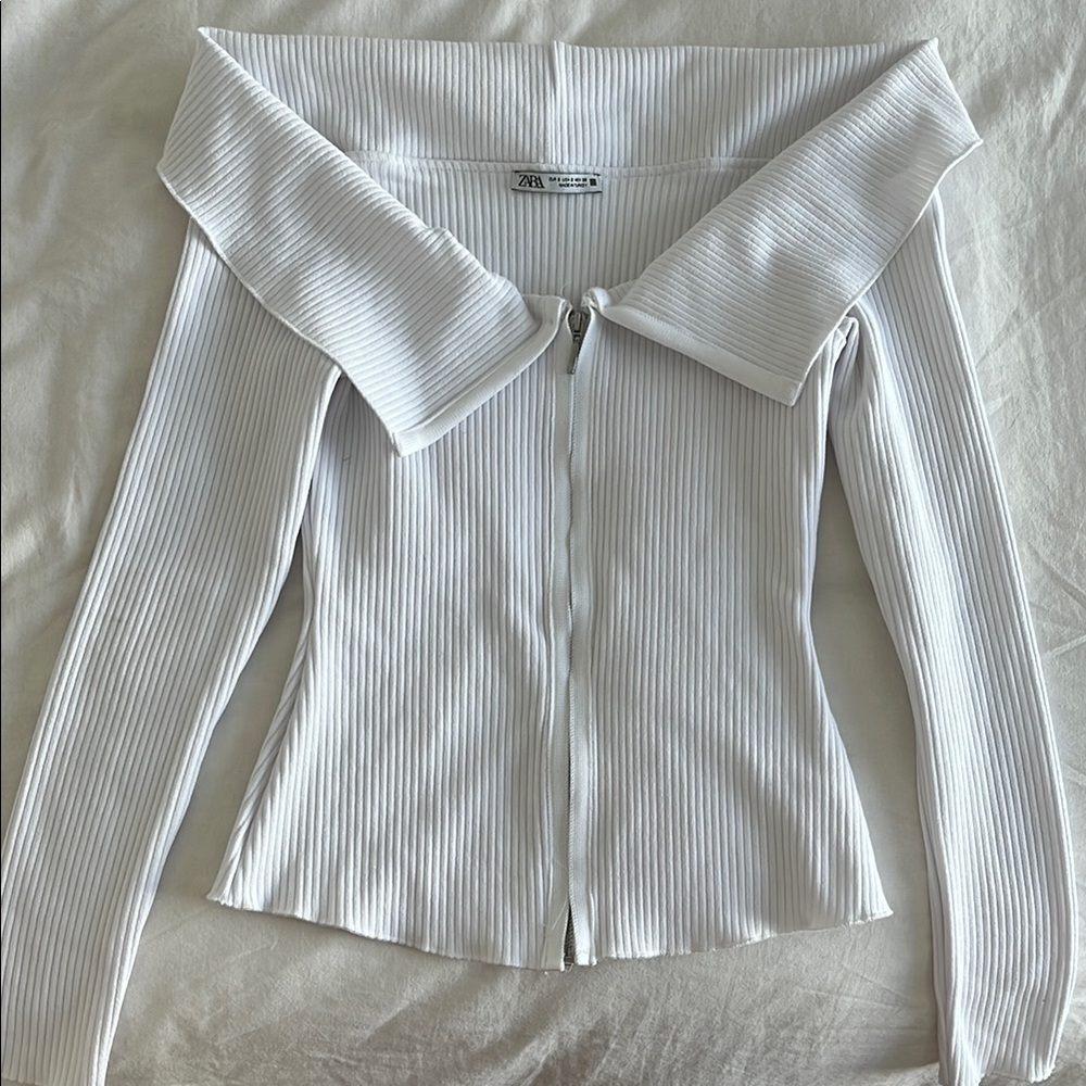 Zara White Ribbed Off-Shoulder Top
